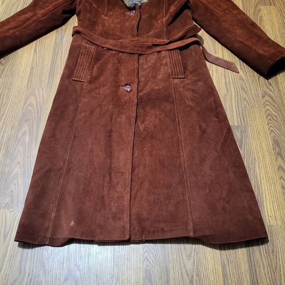 70s Vtg Suede Leather Full Length Coat w/ Real Fur Collar Size 17 Fits 10 C71 - Picture 2 of 13